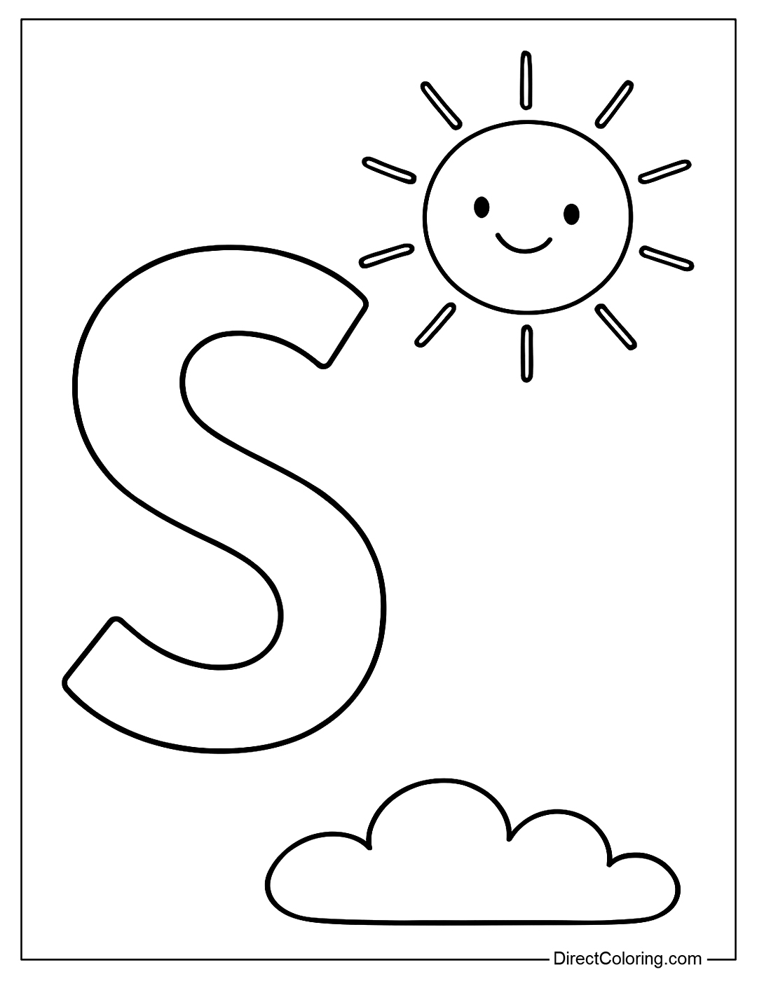 Coloring page of letter S next to a shining sun with a happy smiling face